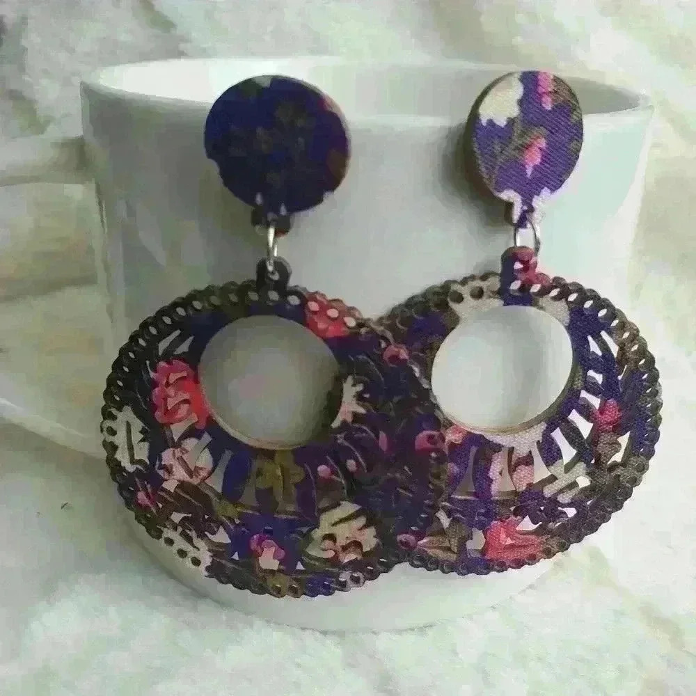 3/$15 New Purple Wooden Floral Fabric Earrings